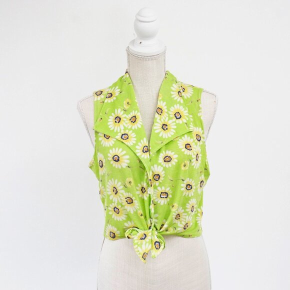 Vintage Tops - Vintage 90s Green Floral Sleeveless Tie Front Crop Top L